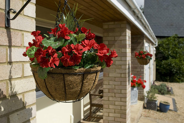 GreenBrokers 2X Artificial Round Coir Hanging Baskets with White Geraniums (Set of 2), 52cms