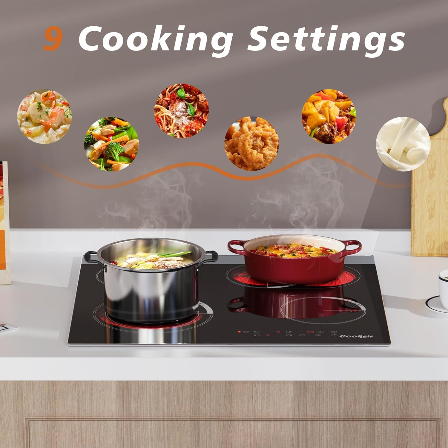 Cooksir Electric Hob 60cm, Ceramic Hob 4 Ring 6700W, Electric Hob 4 Zone with Expandable Dual and Oval Zone, Built-in Hob with Frame, Timer, Safety Lock, 220-240V(No Plug)