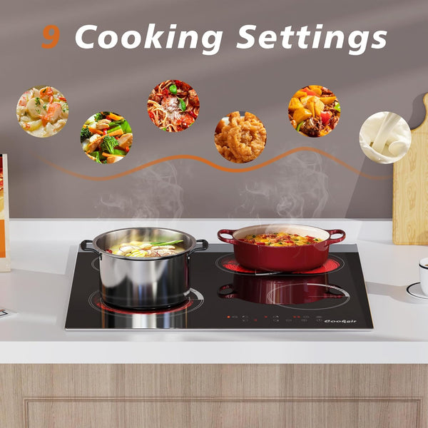 Cooksir Electric Hob 60cm, Ceramic Hob 4 Ring 6700W, Electric Hob 4 Zone with Expandable Dual and Oval Zone, Built-in Hob with Frame, Timer, Safety Lock, 220-240V(No Plug)