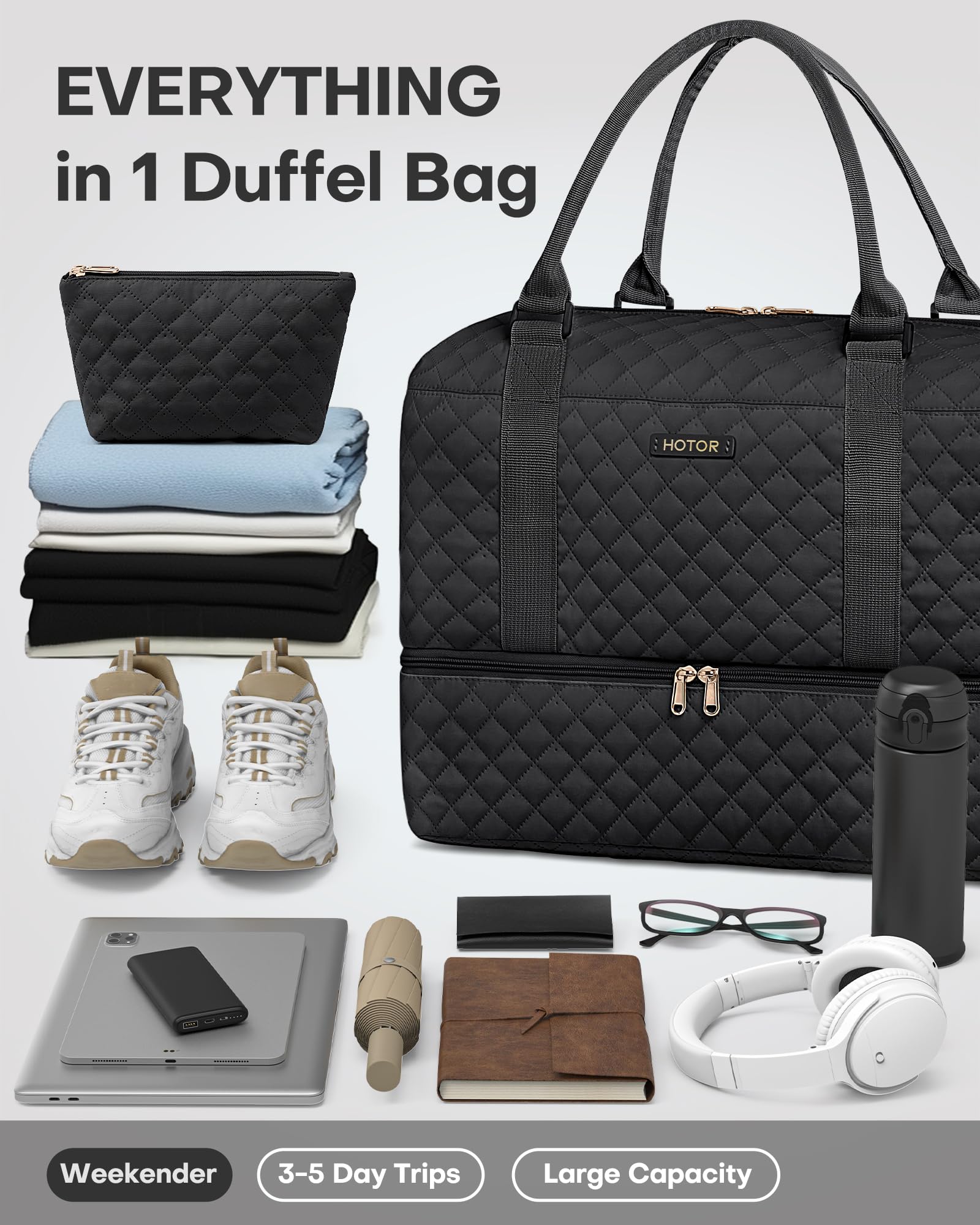 HOTOR Travel Bags for Women - Lightweight Overnight Holdall Bag, Large Carry on Luggage Weekend Bag with Shoe Compartment & Toiletry Bag, Travel Duffel Sport Gym Tote, Black, 34.0 x 45.0 x 20.0 cm