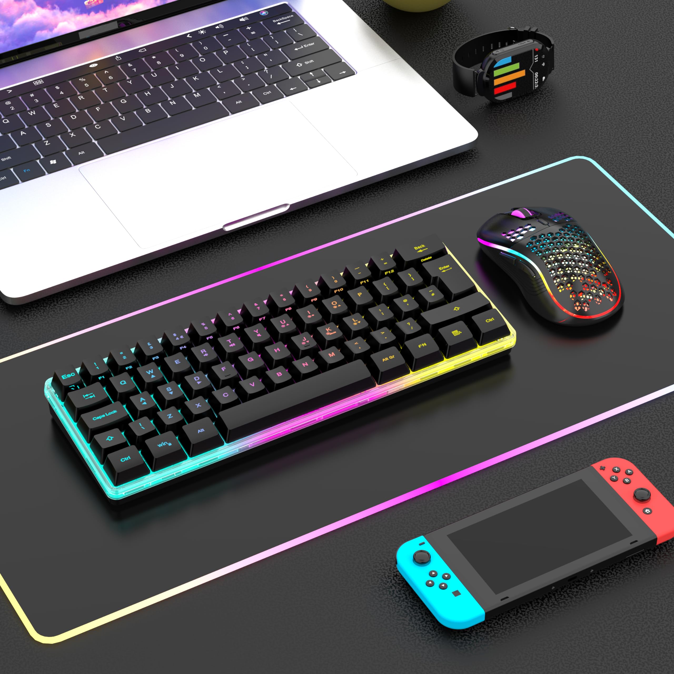 RedThunder 60% RGB Gaming Keyboard and Mouse Combo, UK Layout Ultra Compact Backlit Mini Keyboard, Lightweight 7200 DPI Cellular Optical Mouse, Portable Wired Gaming Set for PC PS5 Xbox Gamers (Black)