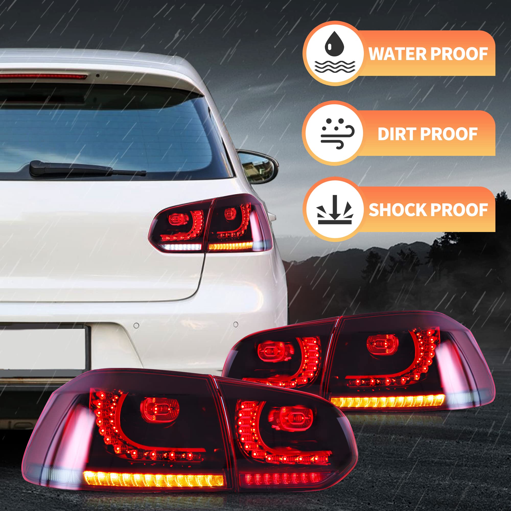 VLAND LED Rear Lights for Golf6 MK6 GTD R TSI 2008-2013 Tail Lights Lamps Assembly with Sequential Indicator, E-mark, One Pair (Smoked)