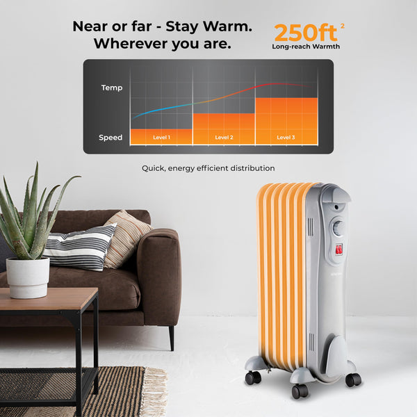 Schallen 1500W 7 Fin Portable Electric Slim Oil Filled Radiator Heater with Adjustable Temperature Thermostat, 3 Heat Settings & Safety Cut Off | 1.5Kw GREY