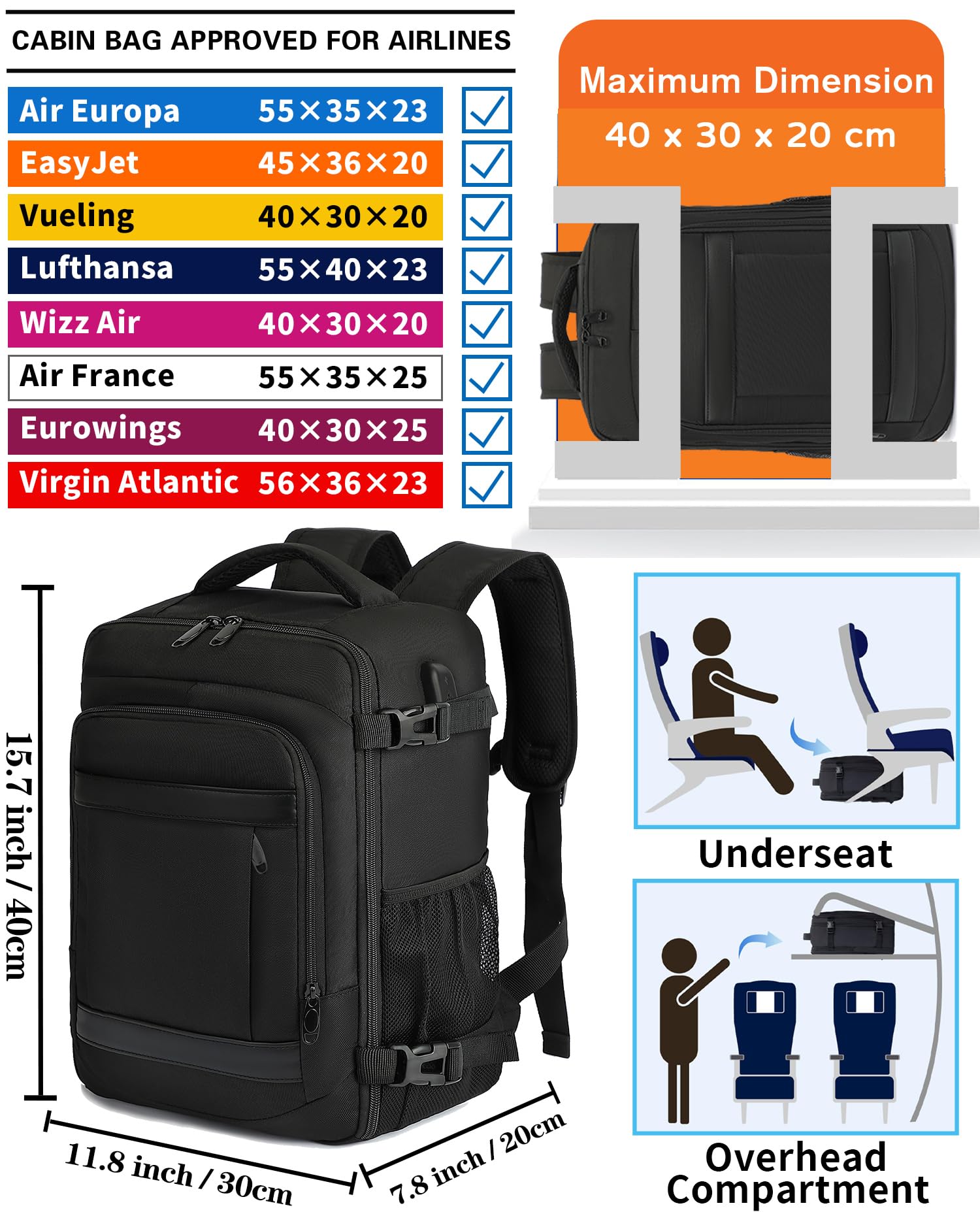 KLOSTAIN for Easyjet Cabin Bag 45x36x20 Travel Backpack Hand Luggage Carry-ons Bag Laptop Backpack Ruscksack for Airplanes Flight New Easyjet Underseat Cabin Bags Fit 14" Laptop Navy