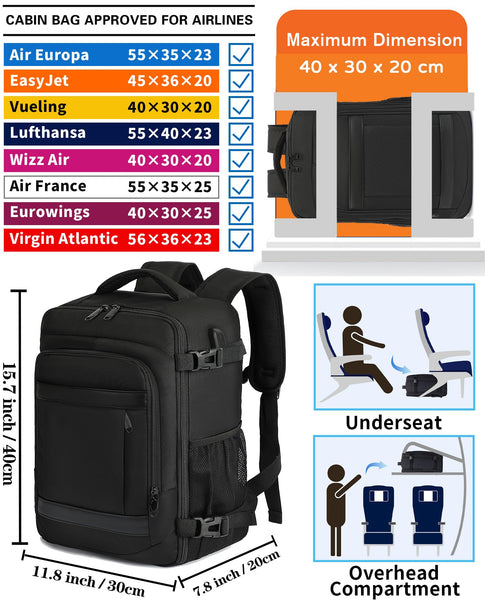 KLOSTAIN for Easyjet Cabin Bag 45x36x20 Travel Backpack Hand Luggage Carry-ons Bag Laptop Backpack Ruscksack for Airplanes Flight New Easyjet Underseat Cabin Bags Fit 14" Laptop Navy