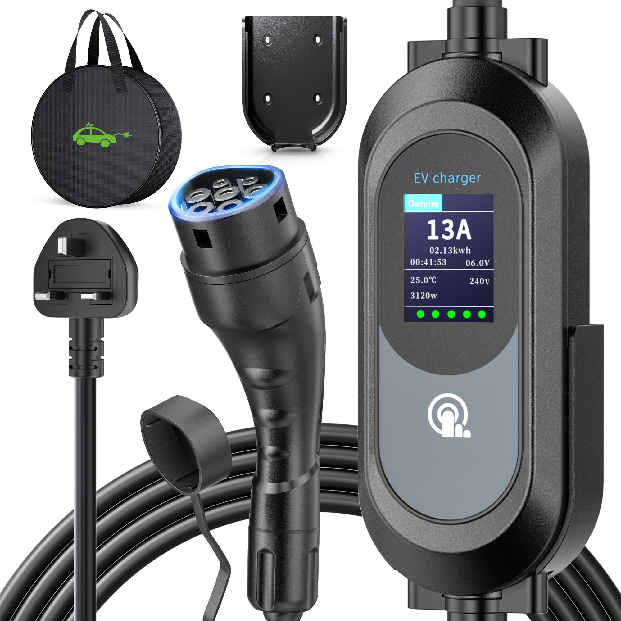 EV Charger Cable Type 2 to 3 Pin Plug 8M/26.25Ft, Max 3.1kW [6-13A] Electric Car Charger, Portable Car Type 2 Charging Cable 3 Pin with 2.4″ LED Screen, 12H Timing Delay, IP67/IP65 for EVs & PHEVs