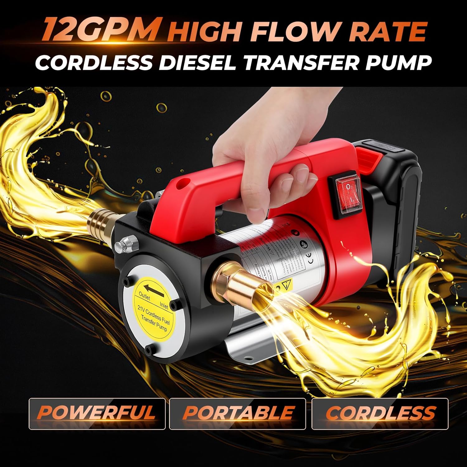 GEARLASSO 21V 260W Battery Powered Diesel Transfer Pump, Electric Fuel Transfer Pump Kit with 2000mAh Battery 12GPM Portable Cordless for Tractor Caravan Truck Boats Yachts No Hoses Included
