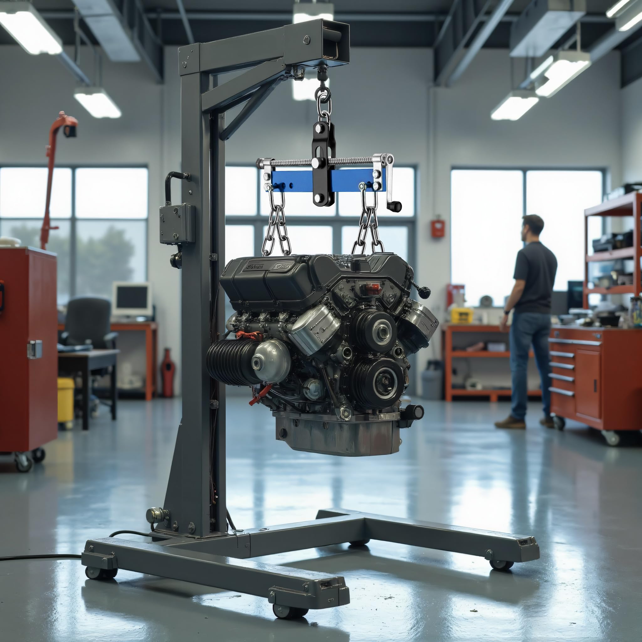 WilTec Solid Steel Engine Load Leveller - 750kg Max, Easy To Connect To Workshop Crane & Engine Stand, Includes four Chains with Safety Hooks