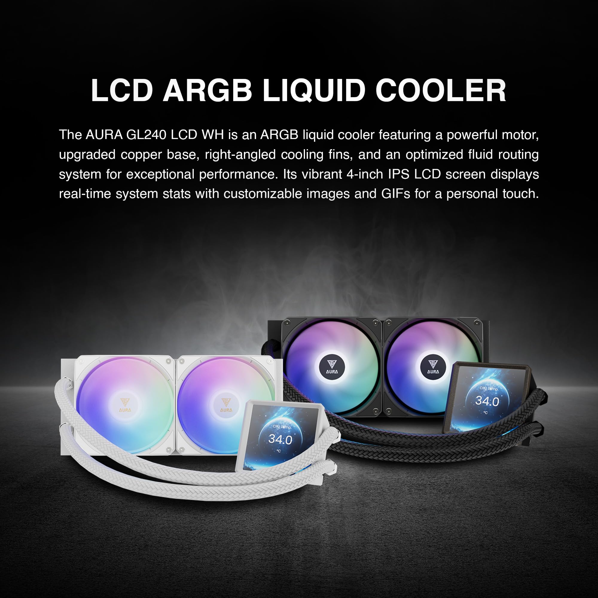 GAMDIAS AURA GL240 LCD 240mm AIO Liquid CPU Cooler, Customizable 4'' IPS LCD Display, Cableless Daisy Chained Fan, Software Ready, Support Low-Noise PWM & ARGB Sync, Intel LGA 1851/1700；AMD AM5, Black