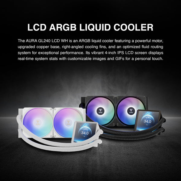 GAMDIAS AURA GL240 LCD 240mm AIO Liquid CPU Cooler, Customizable 4'' IPS LCD Display, Cableless Daisy Chained Fan, Software Ready, Support Low-Noise PWM & ARGB Sync, Intel LGA 1851/1700；AMD AM5, Black