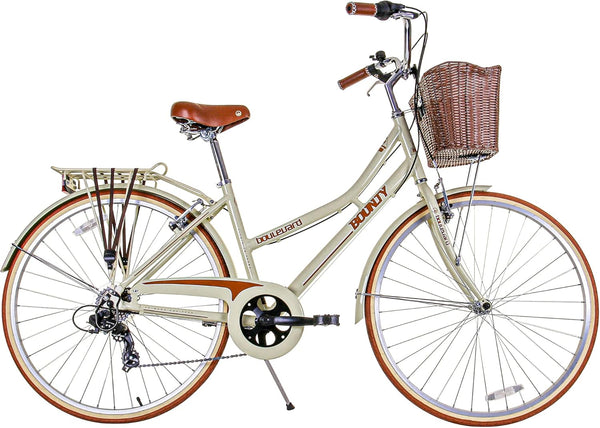 Bounty Boulevard Hybrid Bike - Classic Step-Through Frame with 6 Speed Shimano Gears, Sprung Saddle, Pannier Rack, and Front Basket - Formal Road Bike