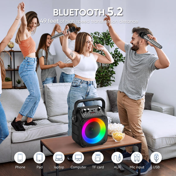 Karaoke Machine with Two Wireless Microphones, Portable Karaoke Machine for Adults & Kids, Portable Bluetooth Speaker with PA System, LED Lights, Supports TF Card/USB, AUX in, FM, USB,TWS (Black)