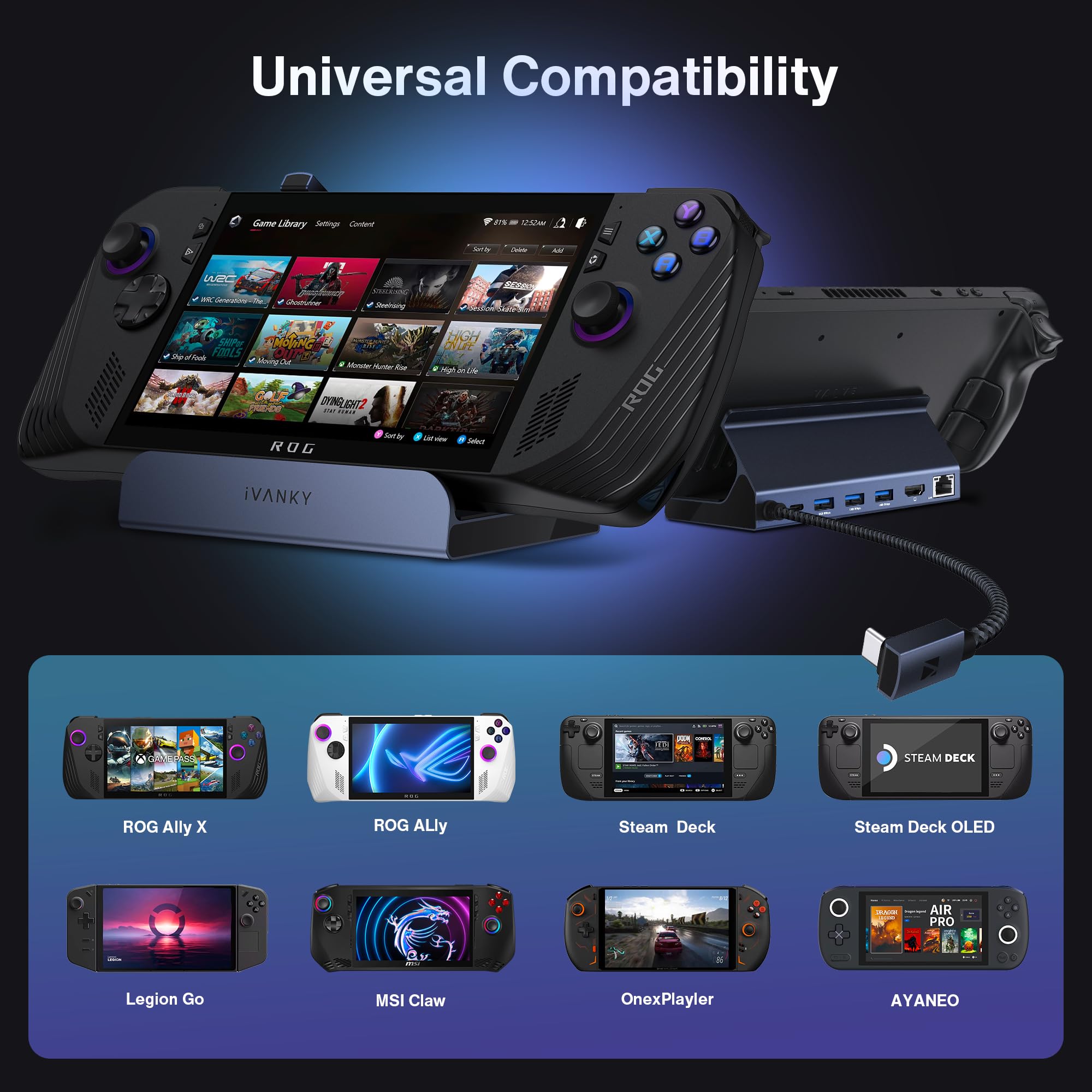 iVANKY 8-in-1 Docking Station for Valve Steam Deck OLED/ASUS ROG Ally X/Lenovo Legion Go/MSI Claw, ROG Alloy/Stream Deck Dock Hub with HDMI 4K@144Hz, Gigabit Ethernet, 3*USB-A 3.0, 100W USB-C Charge