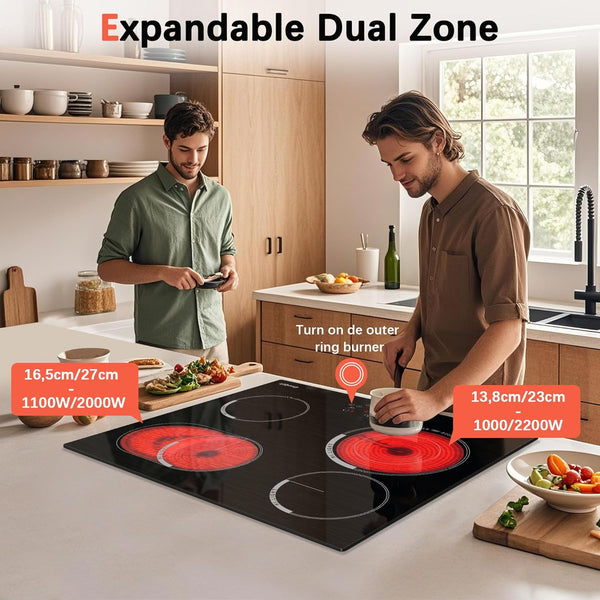 Cooksir Electric Hob 60cm, Ceramic Hob 4 Ring 6700W, Electric Hob 4 Zone with Expandable Dual and Oval Zone, Built-in Hob with Frame, Timer, Safety Lock, 220-240V(No Plug)