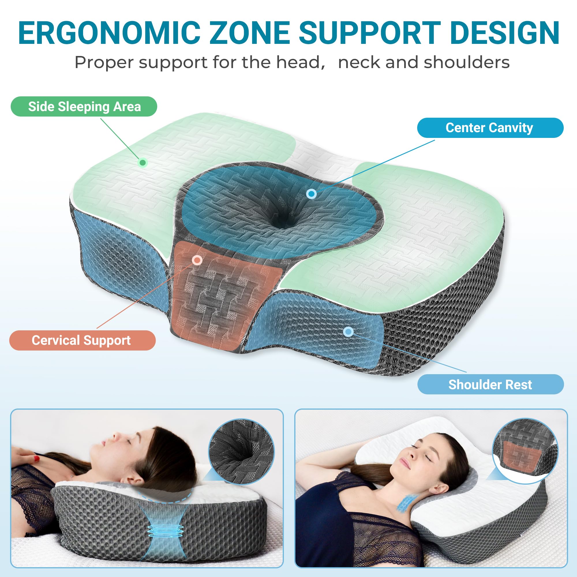 Elviros Cervical Memory Foam Neck Pillow for Side Sleeping, Orthopedic Pillows for Back and Stomach Sleepers, Adjustable Ergonomic Bed Pillow Pain