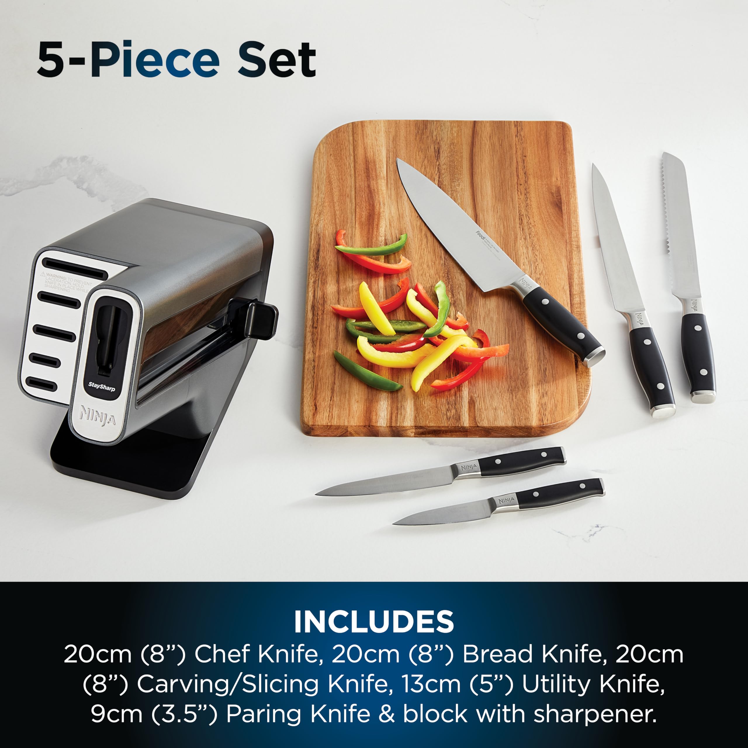 Ninja Foodi StaySharp Knife Block with Integrated Sharpener, 5-Piece Knife Set includes Chef, Bread, Slicing, Utility, Paring Knives, Stainless Steel K32005UK, Black