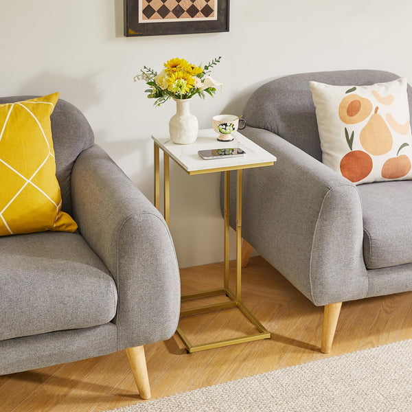 Aibiju Set of 2 C-Shaped Side Table, End Table, Sofa Side Table with Non-Slip Foot Pads for Bedroom, Living Room, Office, White Faux Marble and Gold