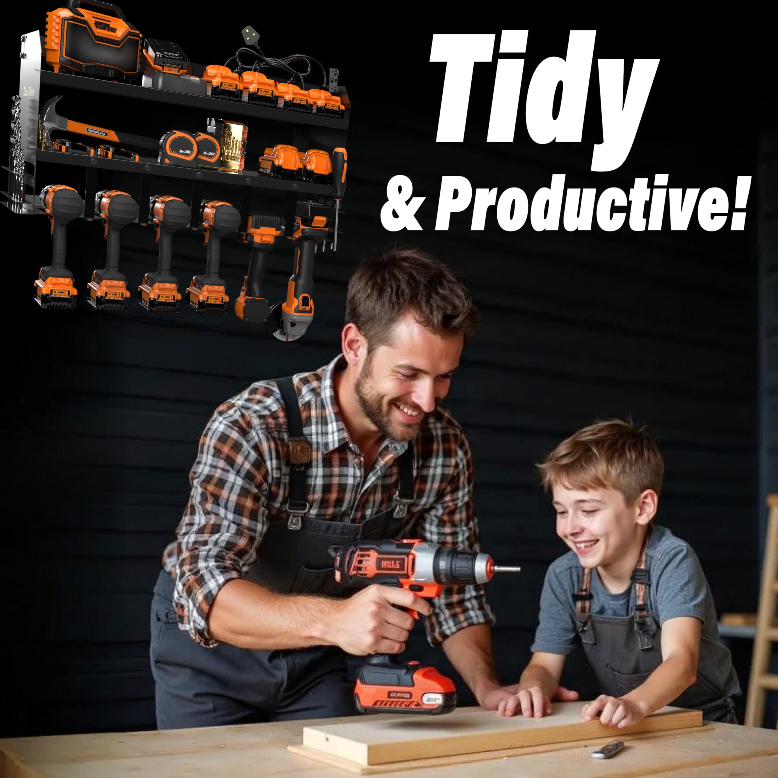 Toolganize Power Tool Organiser, Storage Rack with Power Strip Charging Station, Heavy-Duty for Workshop & Garage Tools - 4 Slot, Milwaukee Red.