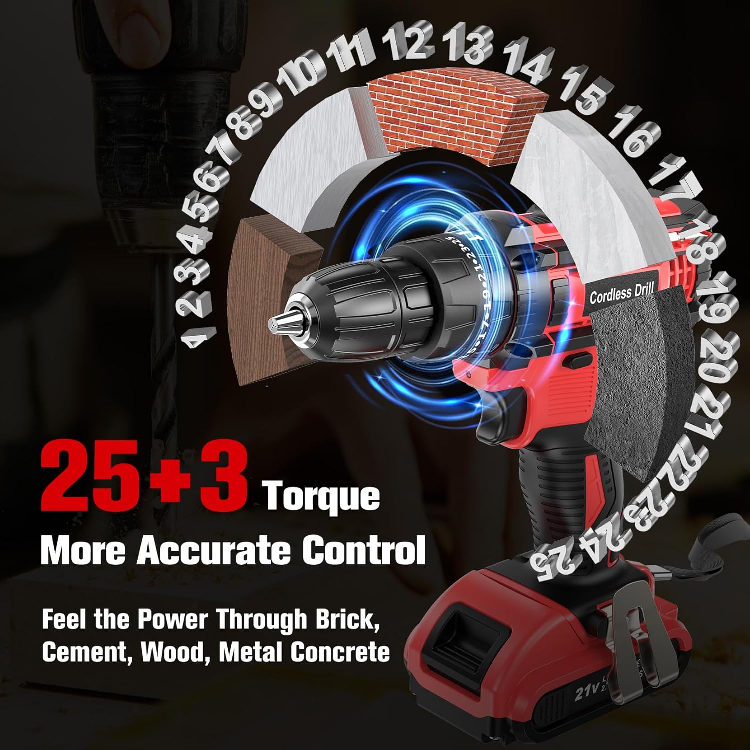 Cordless Drill, BETENST 21V Power Drill with 2 Batteries 2000mAh, 42N.m Max, 25+3 Torque Hammer Drills, 30pcs Drills Set, 2 Speed for Home and Garden DIY Project