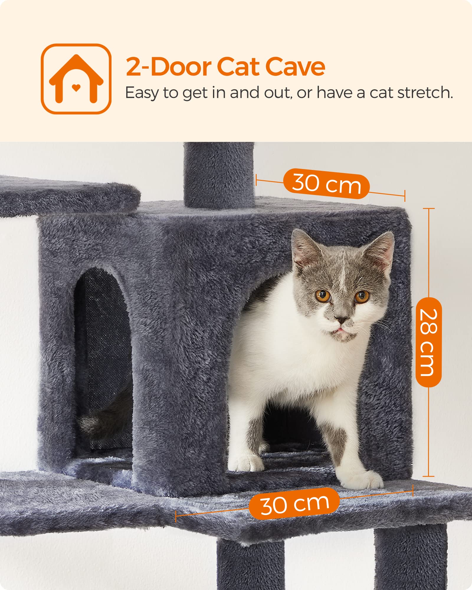 Feandrea Cat Tree, 143 cm Cat Tower for Indoor Cats, Multi-Level Plush Cat Condo with 4 Scratching Posts, 2 Perches, Cave, Hammock, Pompoms, Smoky
