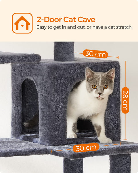 Feandrea Cat Tree, 143 cm Cat Tower for Indoor Cats, Multi-Level Plush Cat Condo with 4 Scratching Posts, 2 Perches, Cave, Hammock, Pompoms, Smoky