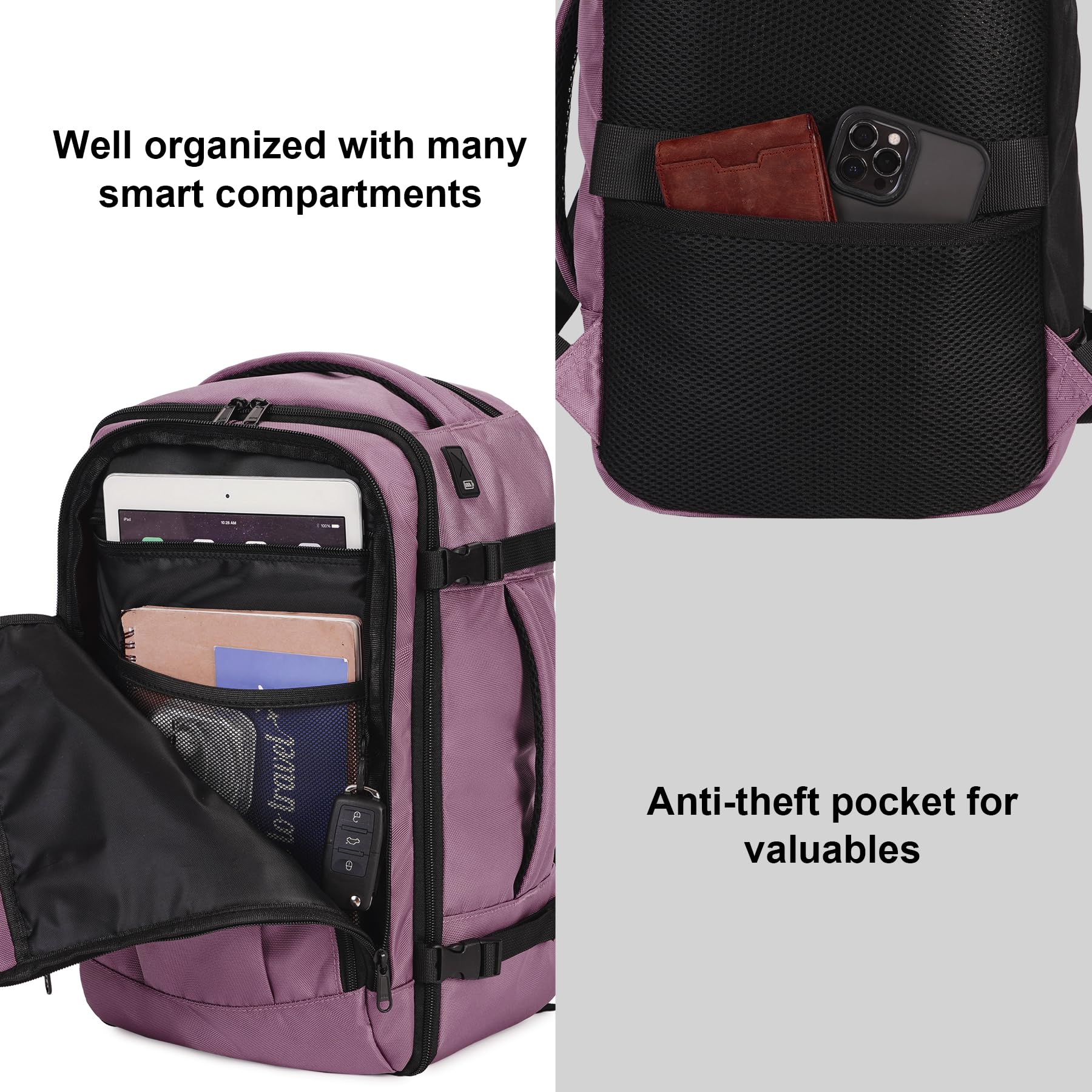 ECOHUB Easyjet Cabin Bag 45x36x20 Underseat Backpack Travel Rucksack 13 Pocket Hand Luggage Waterproof Recycled PET Eco Friendly Carry On Bag for Women & Men 30L Pink