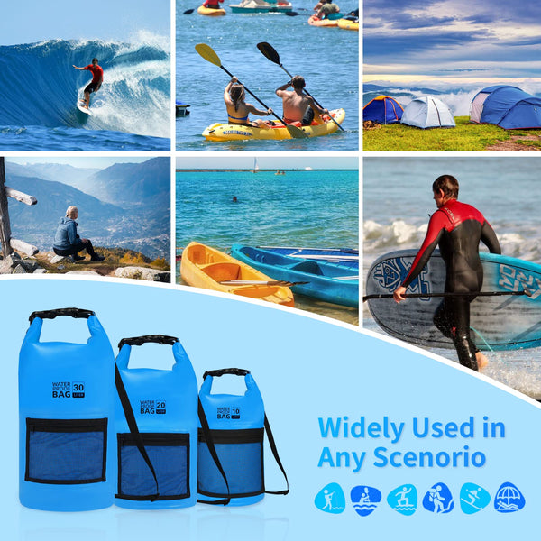 Bojury Waterproof Dry Bag Backpack 30L with Mesh Pocket Adjustable Strap - Roll Top Portable Dry Sack for Kayaking Boat Tour Canoe Swimming Snow Boarding-Blue Fishing Rafting