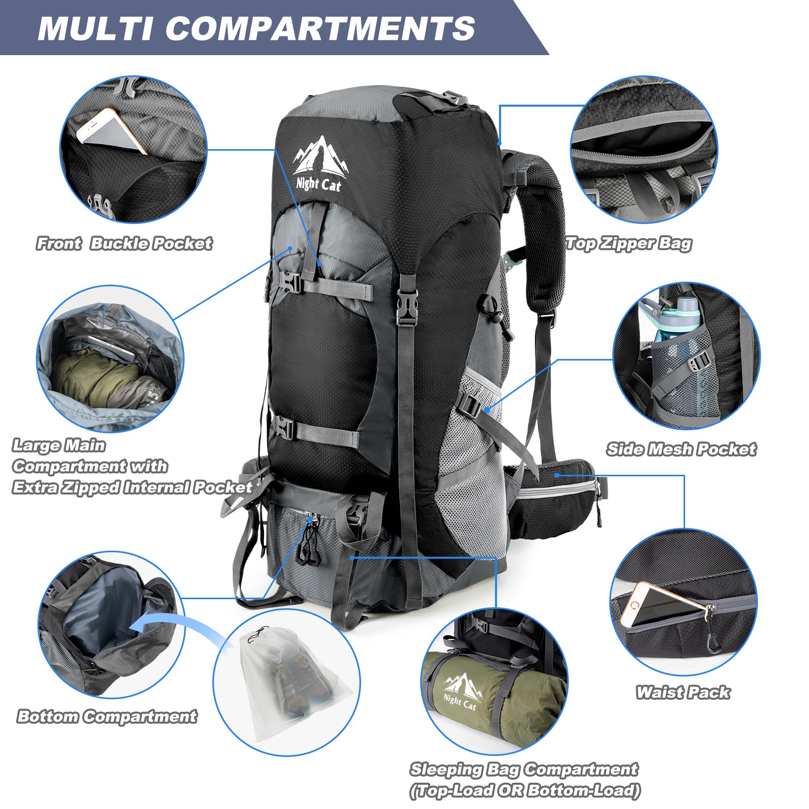 Night Cat Hiking Backpack Rucksack Bag 70L 90L Large For Men Travel Trekking Camping Climbing Cycling With Rain Cover Waterproof Lightweight