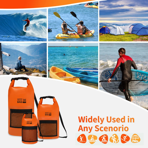 Bojury Waterproof Dry Bag Backpack 30L with Mesh Pocket Adjustable Strap - Roll Top Portable Dry Sack for Kayaking Boat Tour Canoe Swimming Snow Boarding-Blue Fishing Rafting