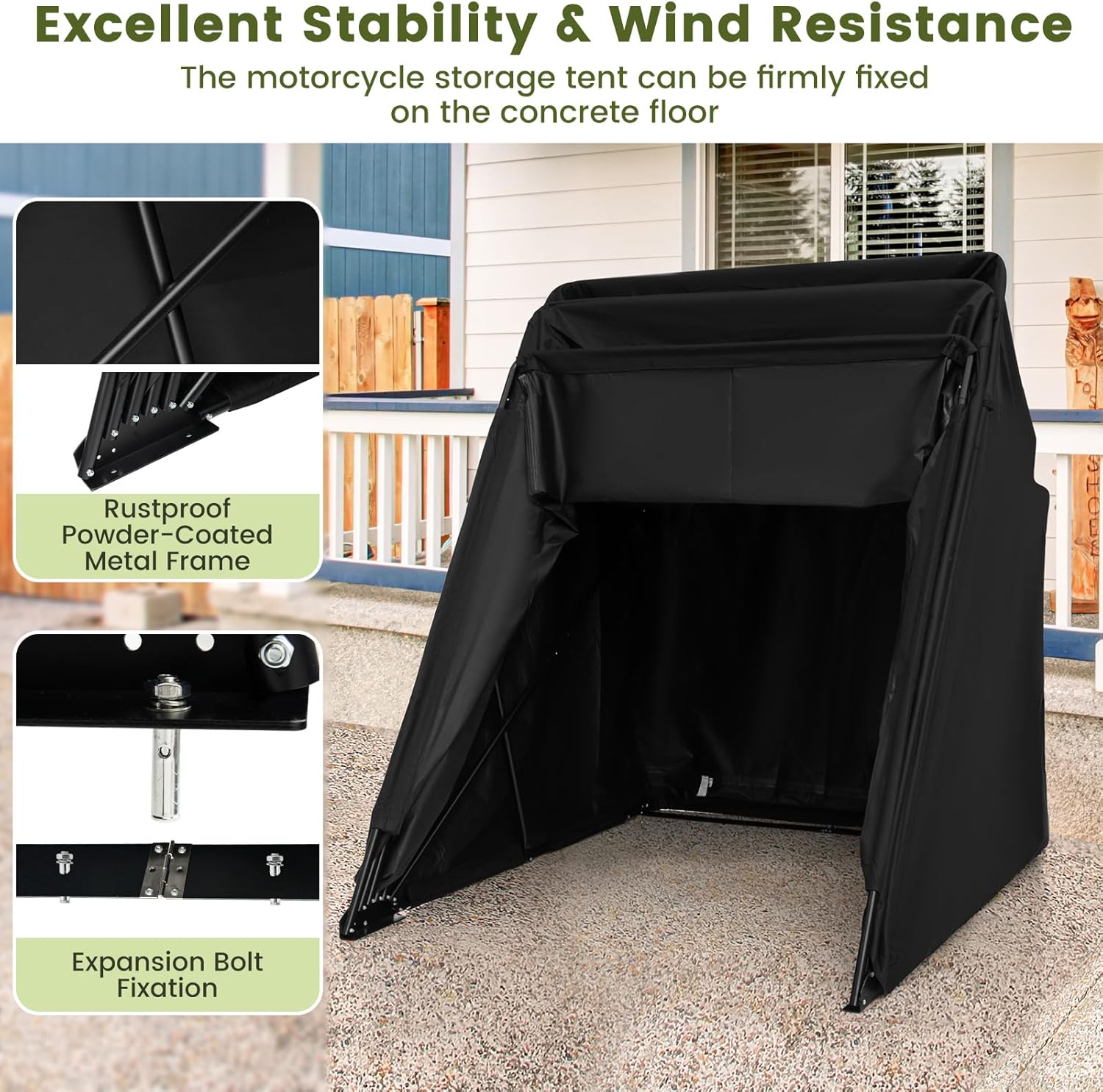 COSTWAY Large Motorcycle Tent, 342 x 137 x 193cm 600D Oxford Waterproof Motorbike Cover Shelter with Roll-up Mesh Windows & 8 Expansion Bolts, Folding Motorcycle Storage Shed
