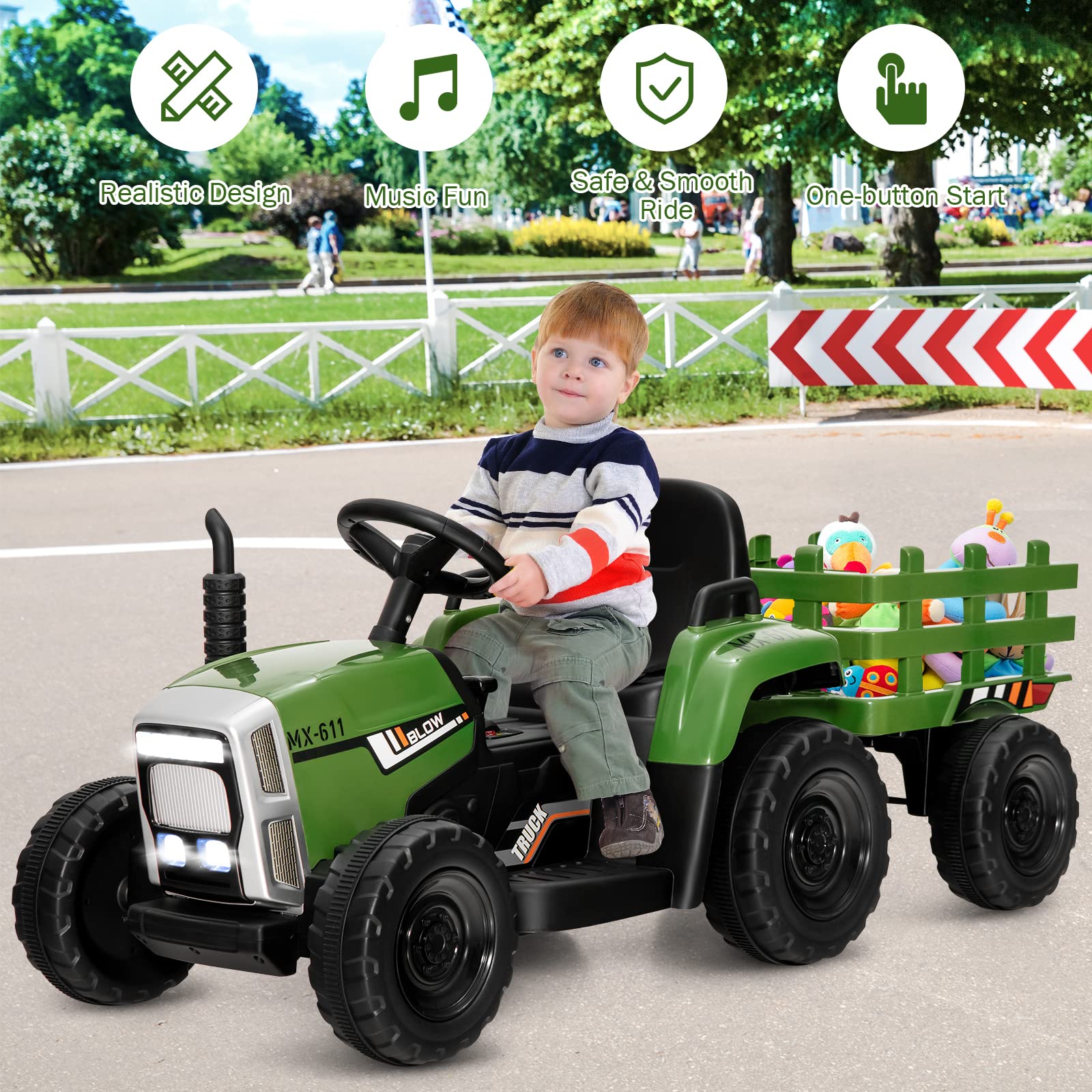 COSTWAY Ride on Tractor and Trailer, 12V Battery Powered Electric Kids Toy Car with Remote Control, LED Lights, USB & Bluetooth Music, Four Wheels Ride on Toys for Children Ages 3+(Dark Green)
