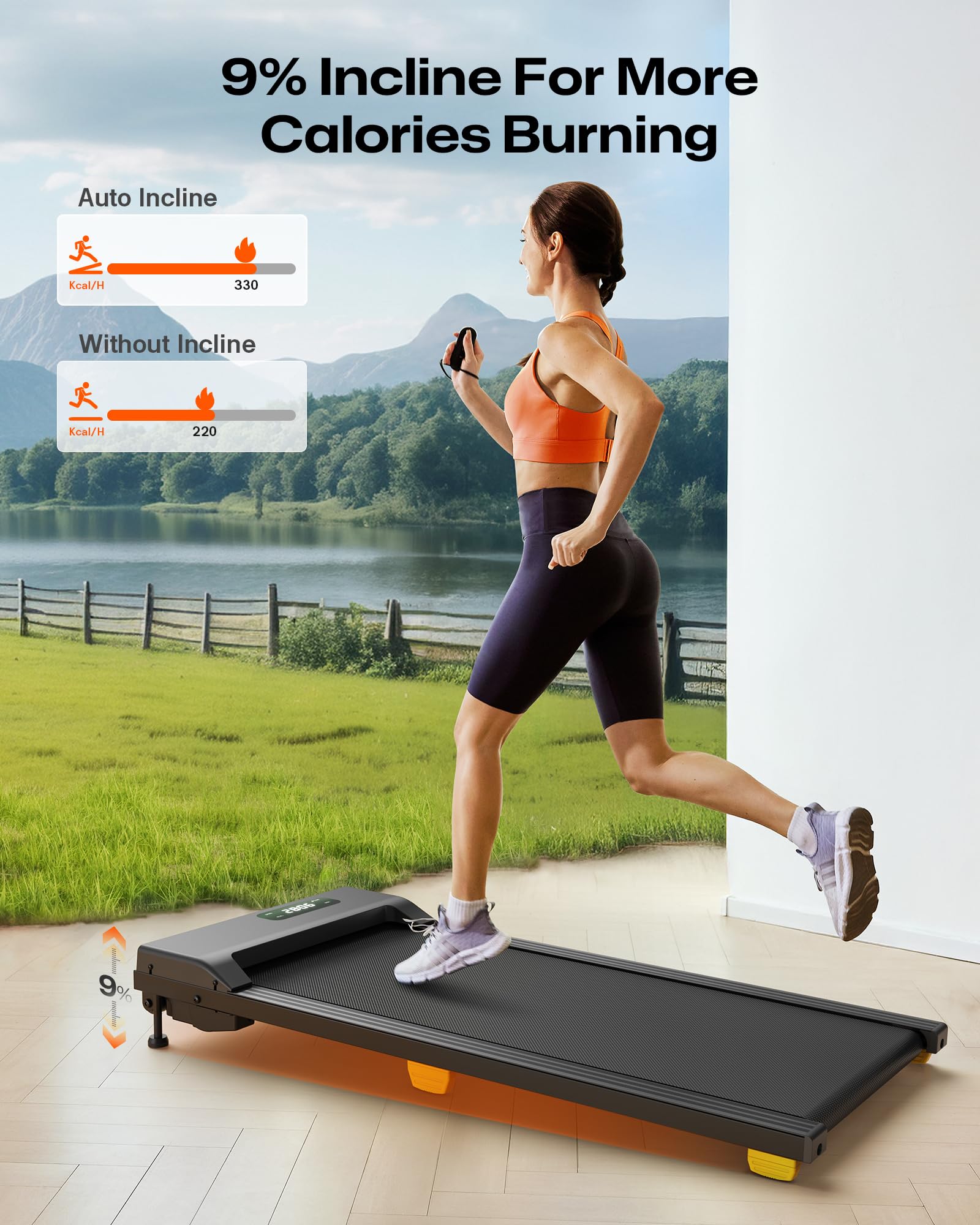 Treadmill with Incline 9%, Walking Pad 1-6 km/h, Under Desk Treadmill with Remote Control and LED Display, Six-Point Shock Absorption