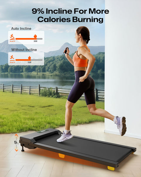 Treadmill with Incline 9%, Walking Pad 1-6 km/h, Under Desk Treadmill with Remote Control and LED Display, Six-Point Shock Absorption