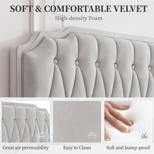 Yaheetech 5ft King Bed Frame Upholstered Platform Bed with Adjustable Button Tufted Headboard/Velvet Fabric/Sturdy Wooden Slat Support/No Box Spring Needed, Dark Grey King Bed