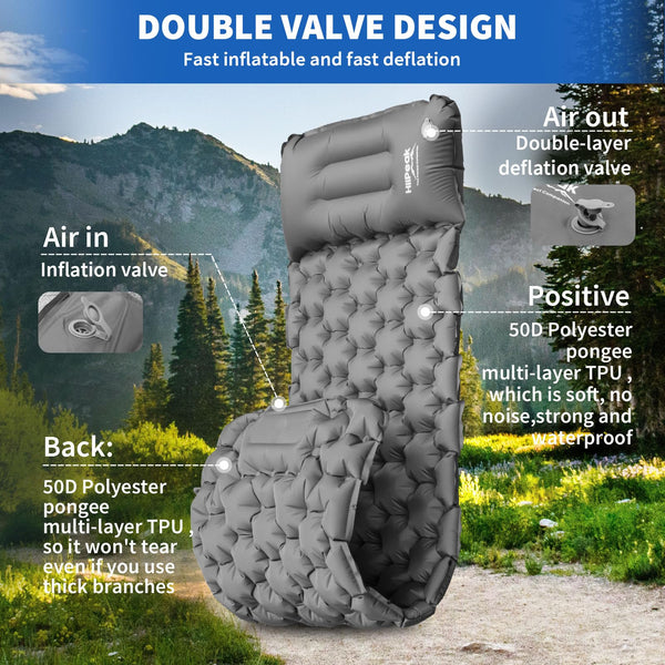 HiiPeak Camping Sleeping Pad, Ultralight Camping Mat with Pillow Built-in Foot Pump Inflatable Sleeping Pads Compact for Backpacking Hiking Traveling Tent (Gray)