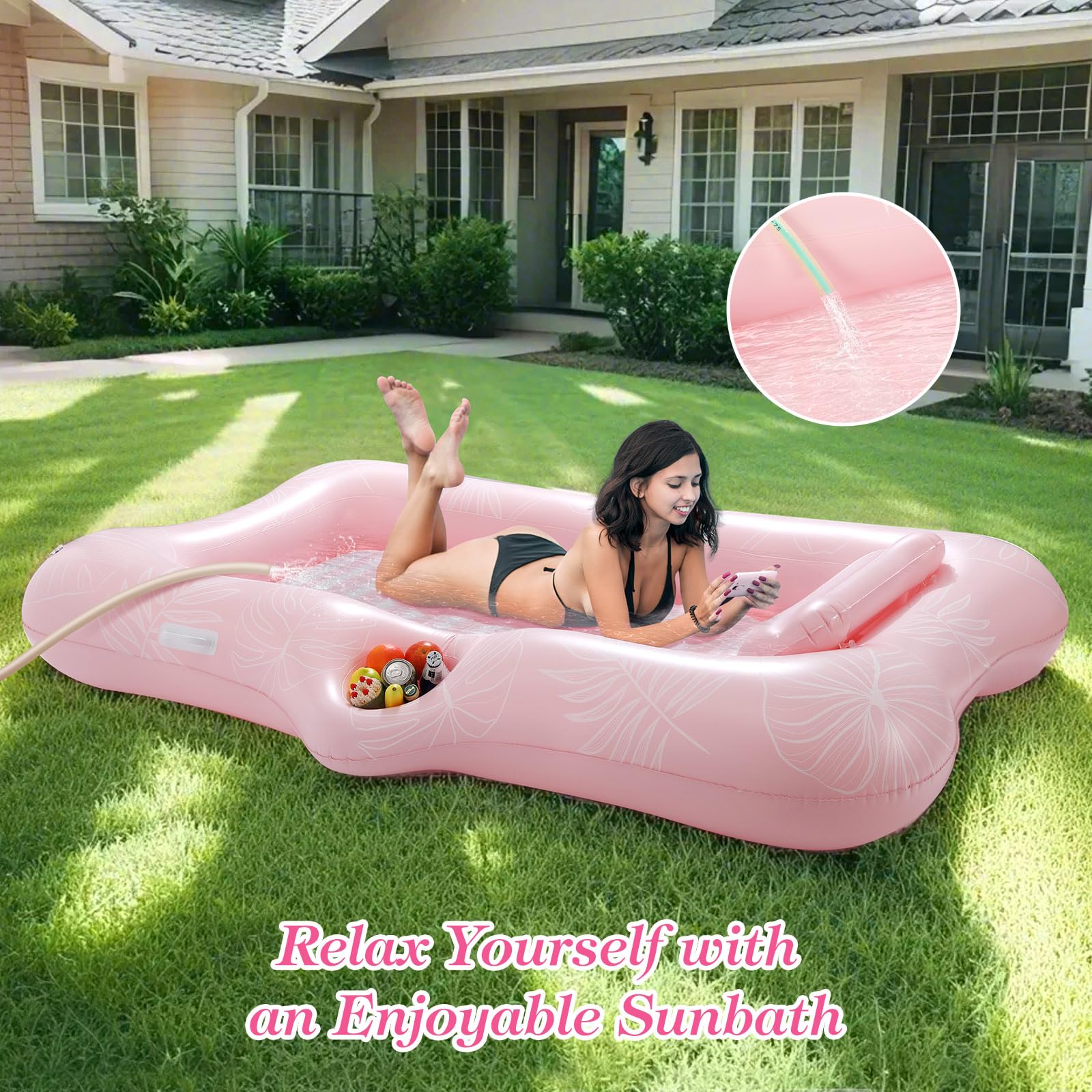 MoKo Pool Floats Adult, Floating Bed with Ice Bar, Tanning Bed Pool Raft Inflatable Lounger with Drink Holder Tanning Chair Inflatable Pool Toys for Party Beach Backyard