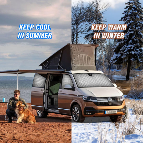 MaxAwe 8Pcs Internal Thermal Blind Set Fits for VW T5/T6 LWB, Luxury Sunshade Wrap Cover Kit, Window Front Screen Cover, Summer Uv Sun Blind & Winter Insulation Cover for VW Campervans & Motorhome