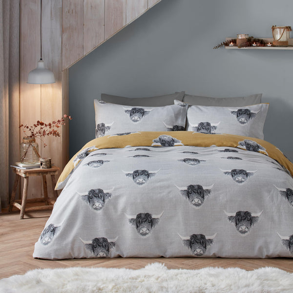 Fusion - Ochre Yellow Highland Cow Duvet Cover - Super King Bedding Size (260 x 220cm) - Reversible Design (Ochre & Grey) - Farm Cow Bedding in