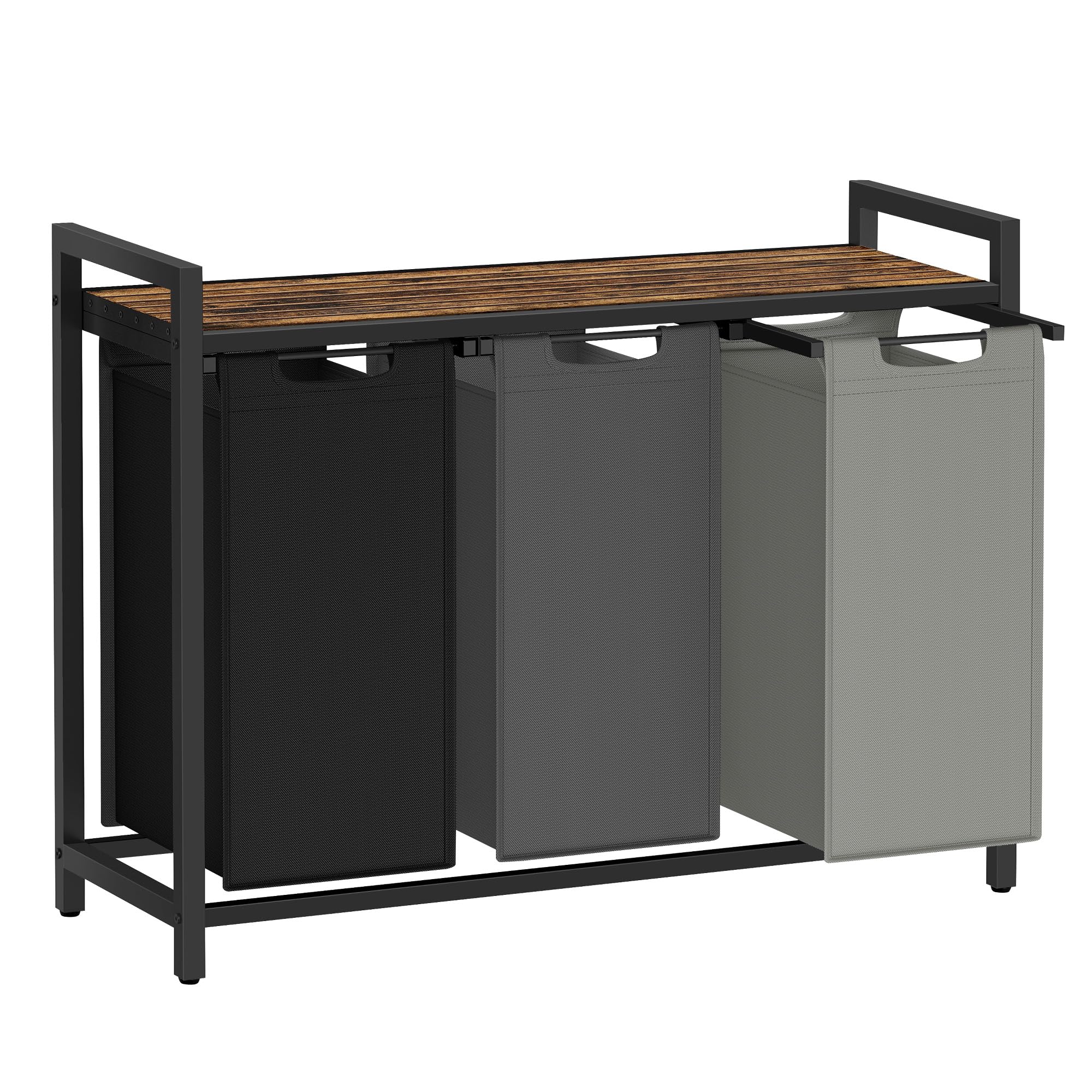 VASAGLE Laundry Basket, Laundry Hamper, Pull-Out and Removable Liner Bag, Shelf, Metal Frame, 65 L, 50 x 33 x 72 cm, Ink Black and Rustic Brown BLH101B01