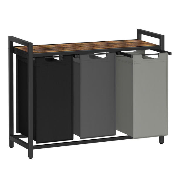 VASAGLE Laundry Basket, Laundry Hamper, Pull-Out and Removable Liner Bag, Shelf, Metal Frame, 65 L, 50 x 33 x 72 cm, Ink Black and Rustic Brown BLH101B01