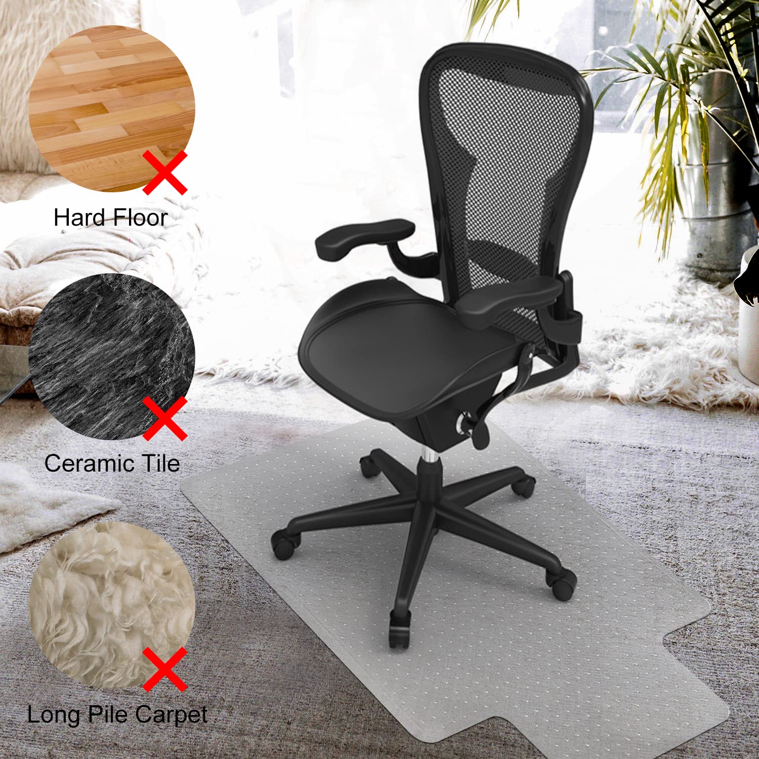 Kuyal Carpet Chair Mat, 48" x 36" PVC Home Office Desk Chair Mat for Floor Protection, Clear, Studded, BPA Free Matte Anti-Slip with Lip