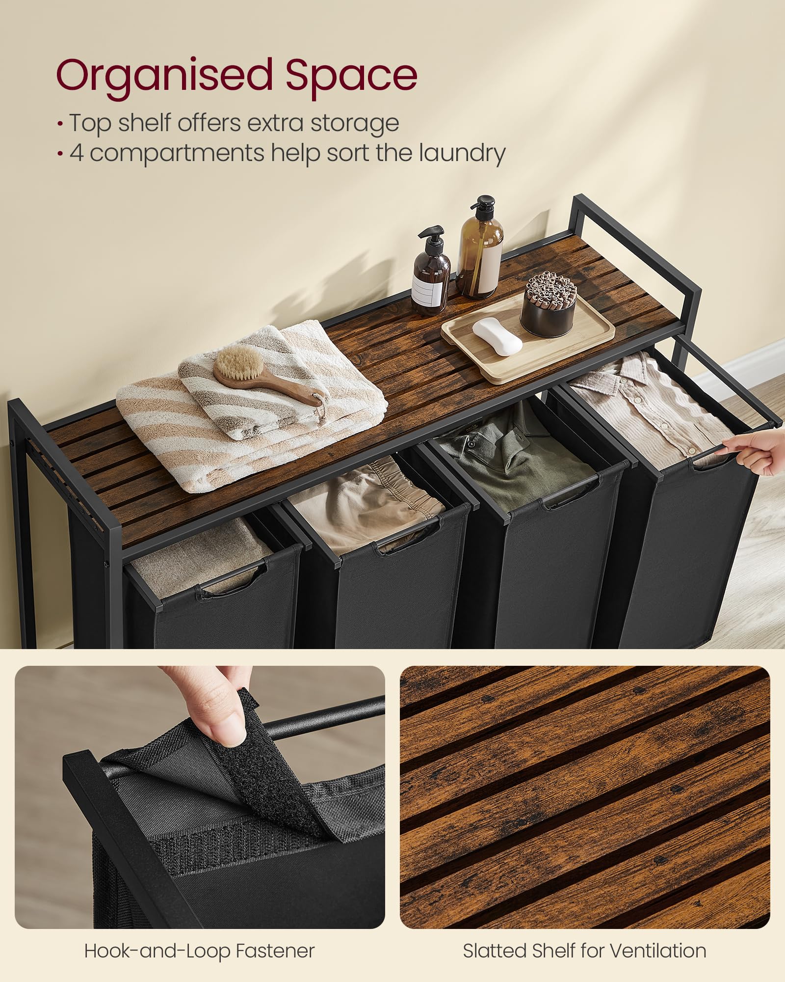 VASAGLE Laundry Basket, Laundry Hamper, Pull-Out and Removable Liner Bag, Shelf, Metal Frame, 65 L, 50 x 33 x 72 cm, Ink Black and Rustic Brown BLH101B01