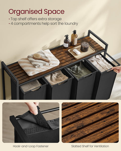 VASAGLE Laundry Basket, Laundry Hamper, Pull-Out and Removable Liner Bag, Shelf, Metal Frame, 65 L, 50 x 33 x 72 cm, Ink Black and Rustic Brown BLH101B01