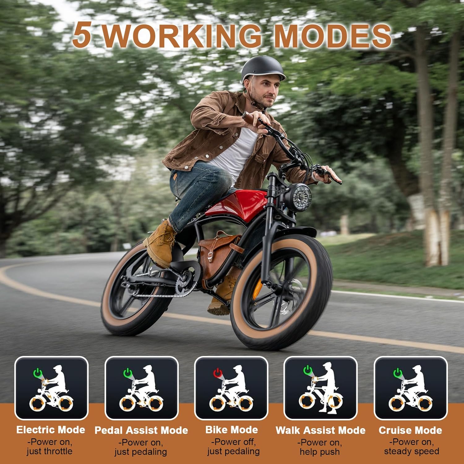 Hidoes B10 Ebikes for Adults,13Ah Battery 70Km Range,Fat Tire Electric Bike for Adults Up to 25Km/h, 60N·M Motor Electric Bicycle Retro E Bike,with Leather Bags,20" All-Terrain Tires