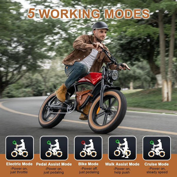 Hidoes B10 Ebikes for Adults,13Ah Battery 70Km Range,Fat Tire Electric Bike for Adults Up to 25Km/h, 60N·M Motor Electric Bicycle Retro E Bike,with Leather Bags,20" All-Terrain Tires