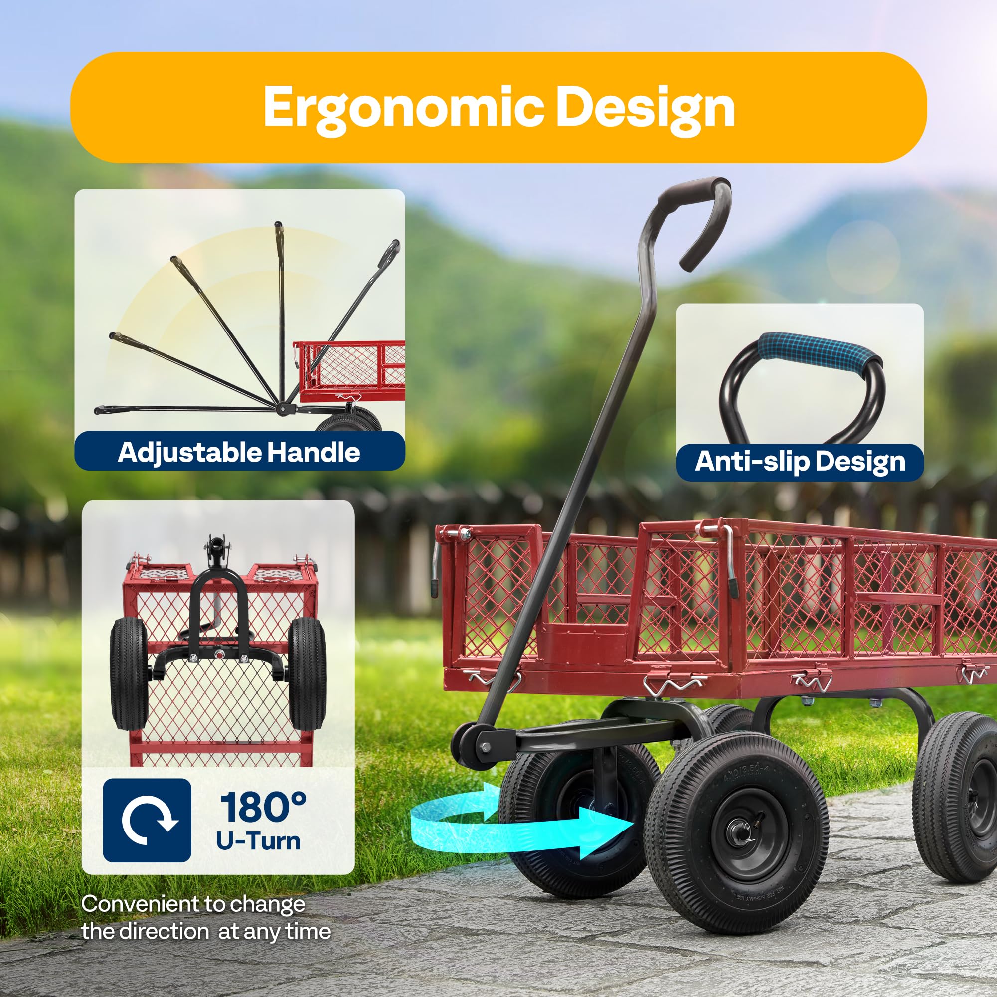 VIVOHOME Hand Trolley 400kg Capacity Durable Transport Cart with 10cm Pneumatic Tires and 180° Rotatable 80cm Handle Heavy Duty Metal Grids for Garden and Camping