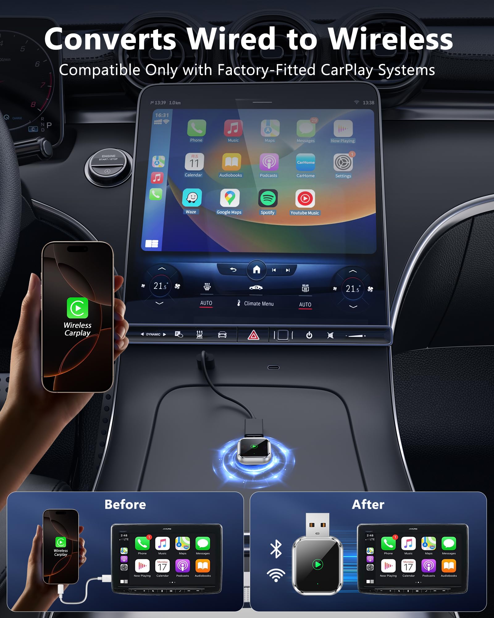 TKHIN CarPlay Wireless for iPhone - Car Play Wireless Dongle for Factory Wired CarPlay to Wireless 5GHz WiFi Car Connection for Cars After 2016 (Only for iPhone)