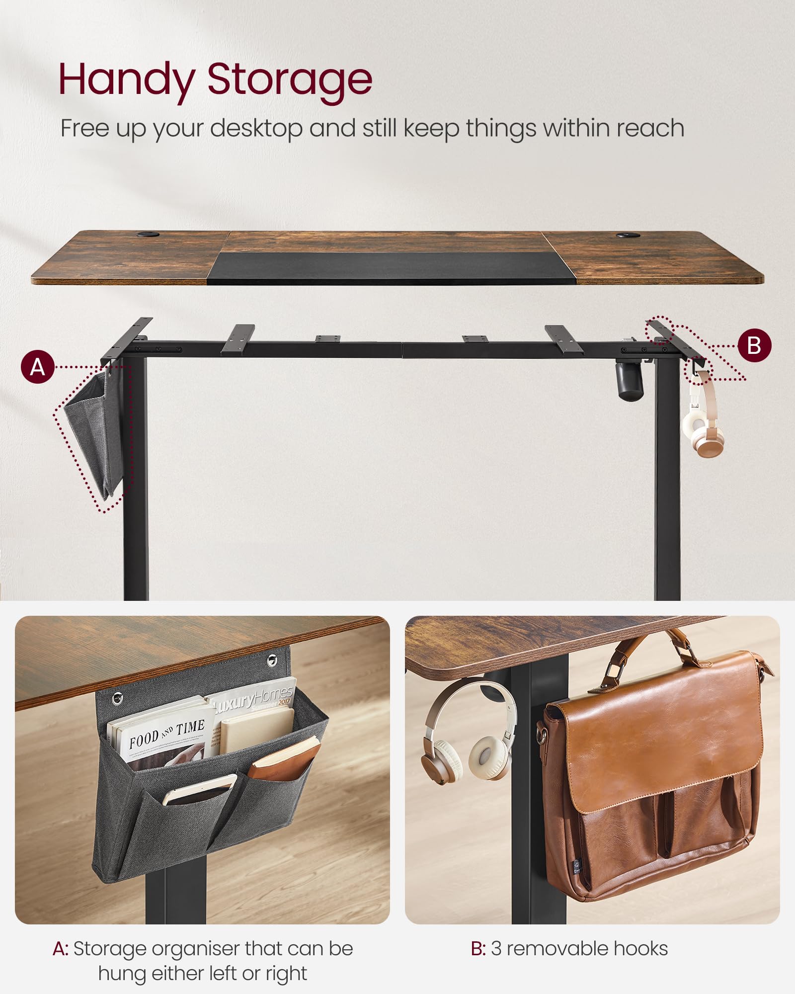 VASAGLE Electric Standing Desk, Height Adjustable Desk, 60 x 140 x (72-120) cm, 4 Memory Heights, Storage Pocket, for Home Office, Study, Rustic Brown and Ink Black LSD134K02