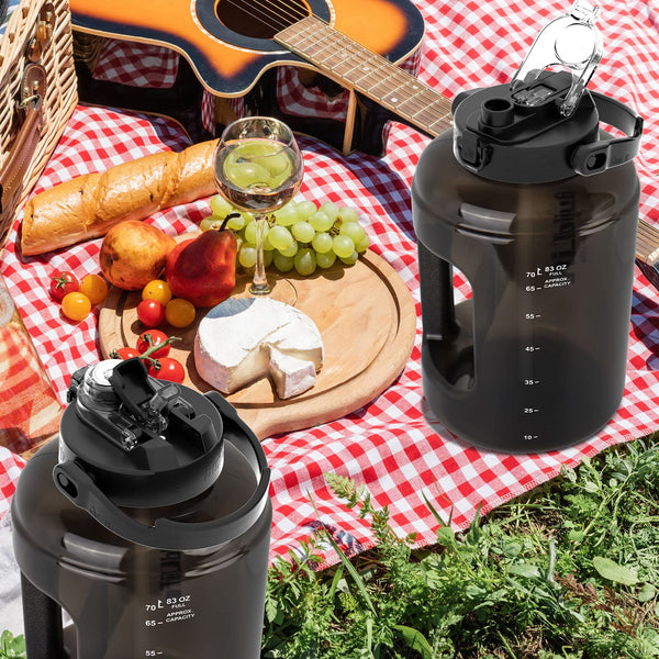 BuildLife Water Bottles with Straw & Flip Cap 2 in 1 Lid - Large Water Bottle with Time Markings BPA Free Leak Proof Wide Mouth Drinks Bottle,2.5 Litre Durable Sports Water Bottle (Black)