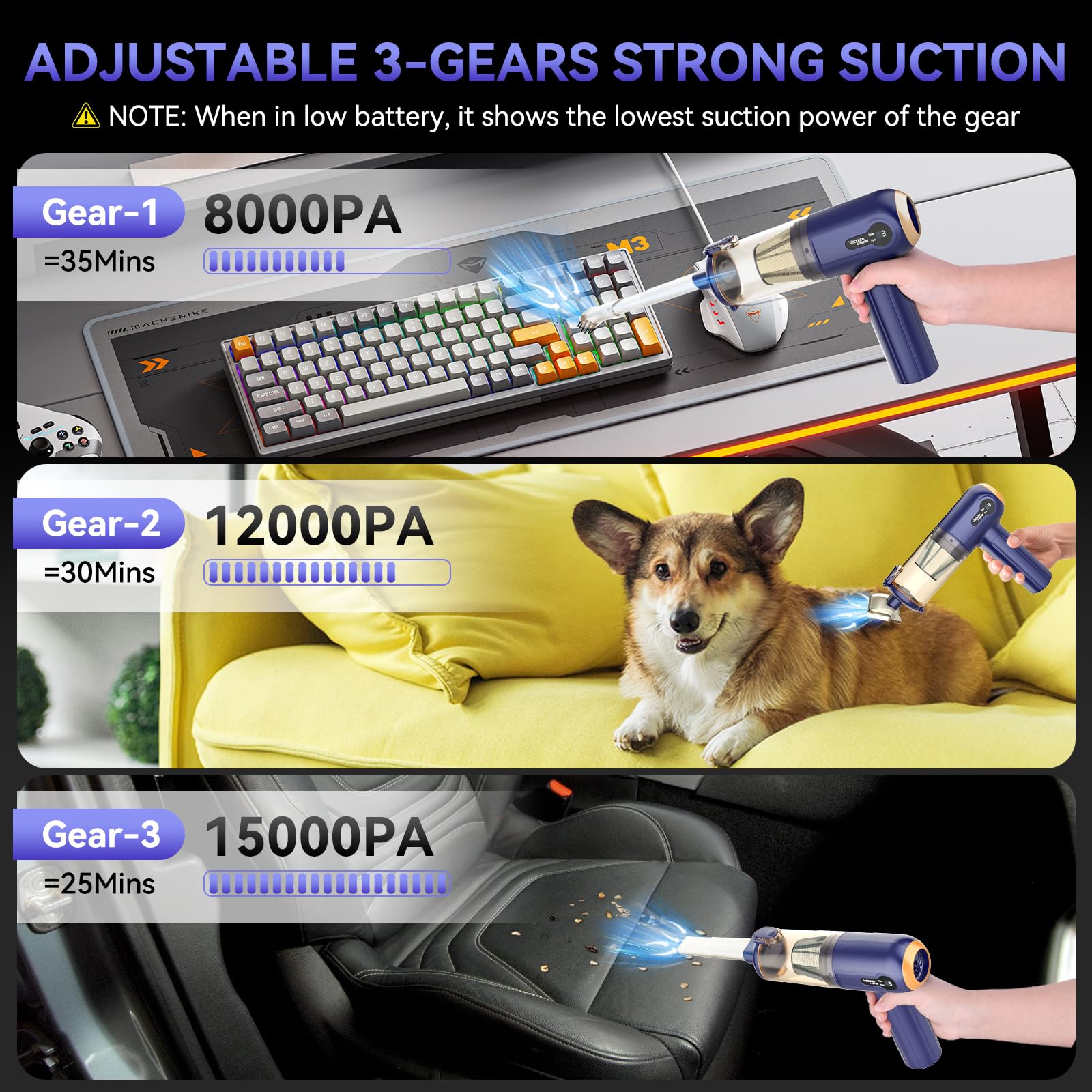 Handheld Car Vacuum Cleaner, 15000Pa Powerful Vacuum Cleaner Cordless, 3 in 1 Lightweight Vacuum & Blower Dust Buster, LED Display, USB Rechargeable Mini Cleaner for Car, Home and Pet Hair Cleaning